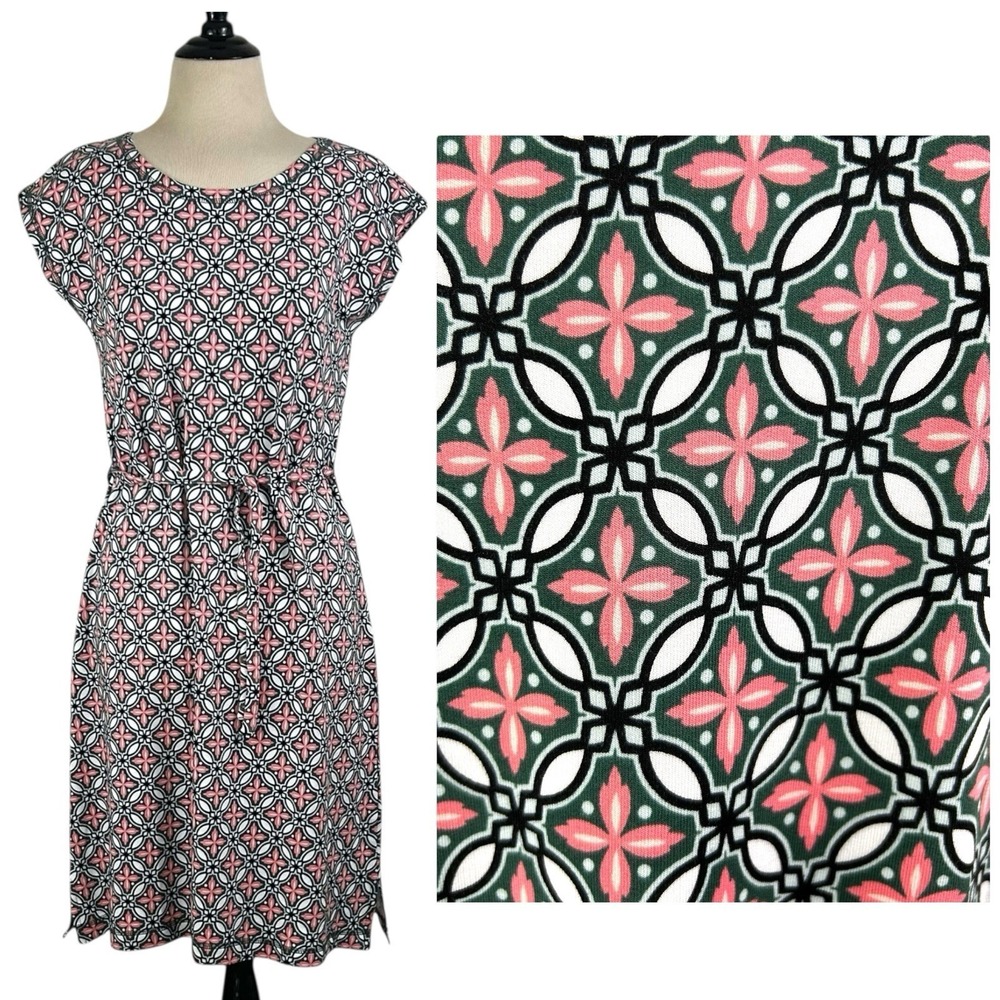 TALBOTS New Knit Casual DRESS XS Green Pink Preppy Office Church A-Line Print